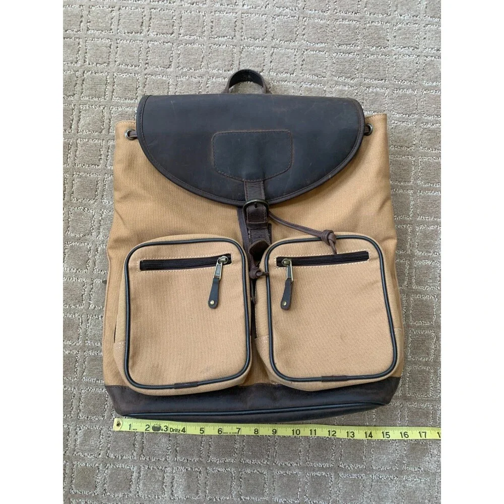 Canyon Outback VTG Leather Canvas Backpack Cinch Buckle Brown Tan Classic 90s
